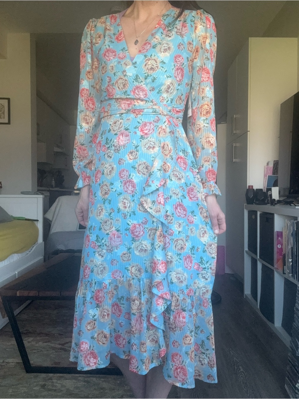 Adelyn Rae Blue Floral Wrap Midi Dress with Pink & Cream Roses